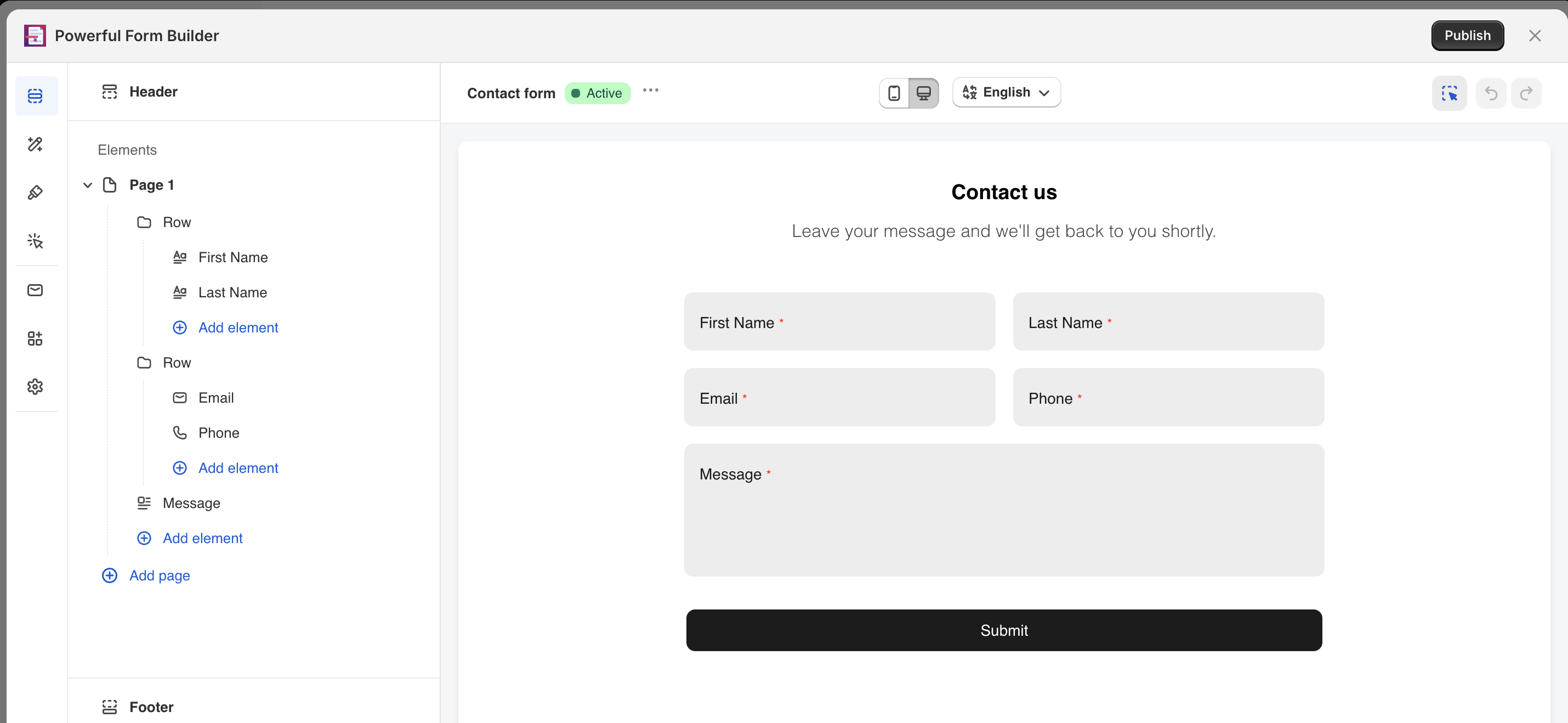 The Powerful Contact Form Builder editor with a contact form open: the Elements list on the left and the live form preview on the right